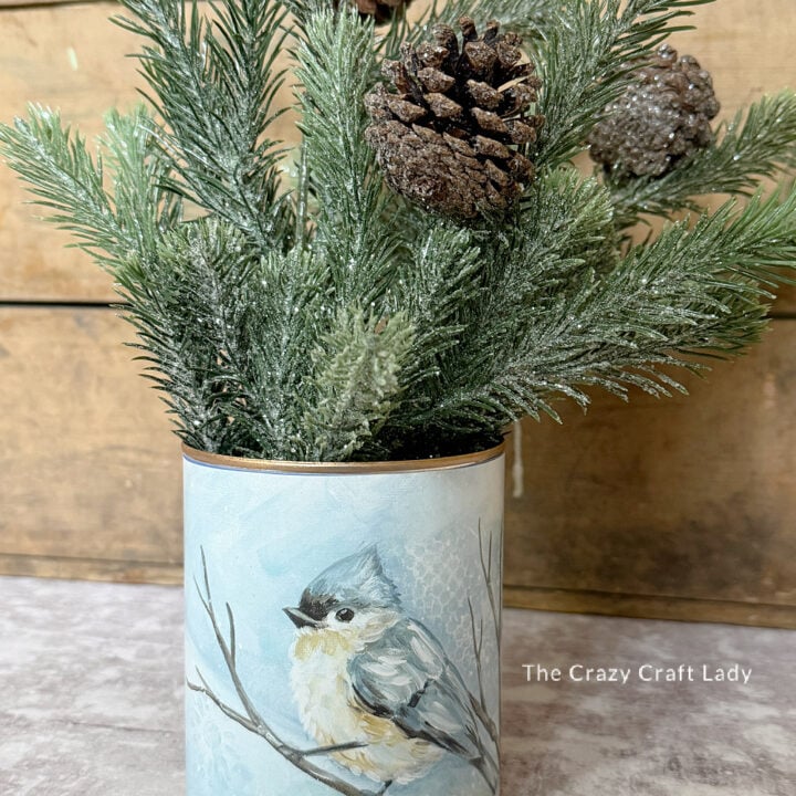 tin can upcycled vase with a blue winter bird scene