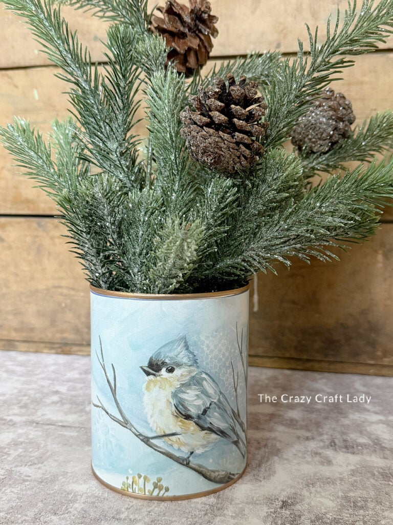 tin can upcycled vase with a blue winter bird scene