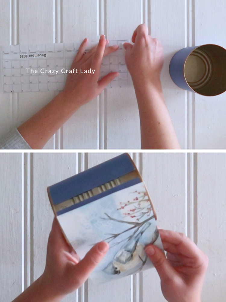use double sided tape to secure calendar page piece around the tin can